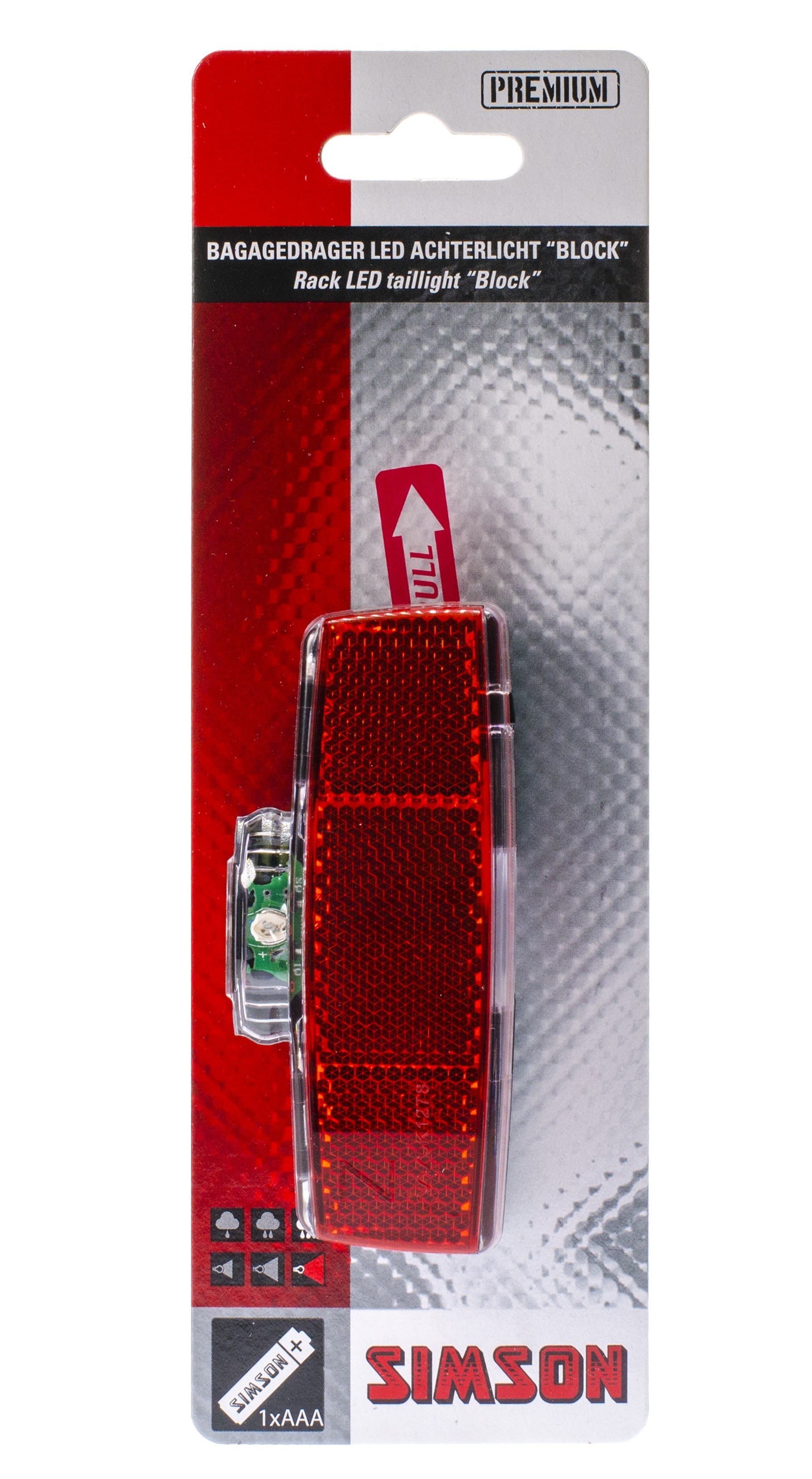 Simson Batterij Bagagedrager achterlicht ''Block'' 1 LED on/off - AE-trading