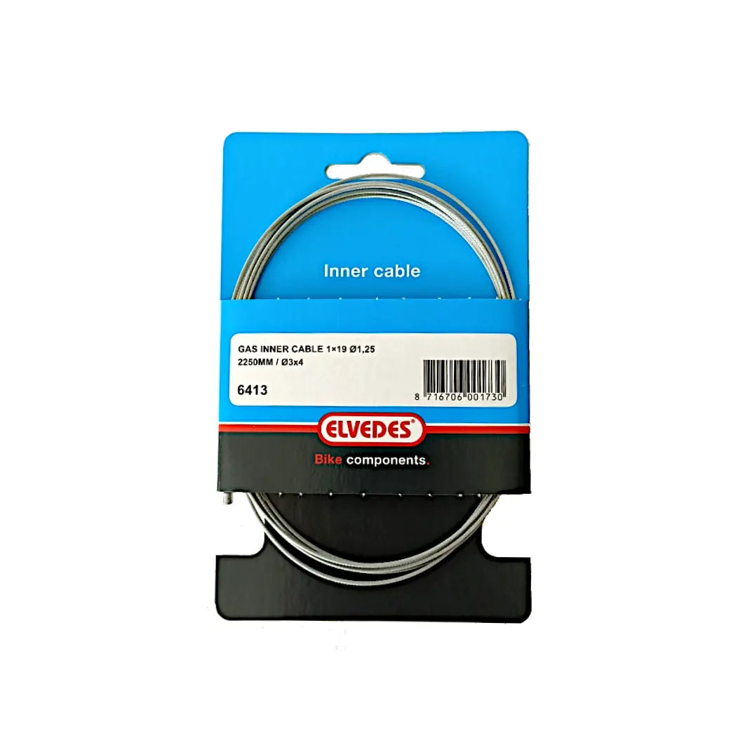 Elvedes binnenkabel Gas 2.25m Specificaties: -Materiaal: gegalvaniseerd staal -Lengte: 2.250mm -Diameter: 1.25mm -Aantal draden: 19 stuks gevlochten -Nippel: 3mmx4mm - AE-trading