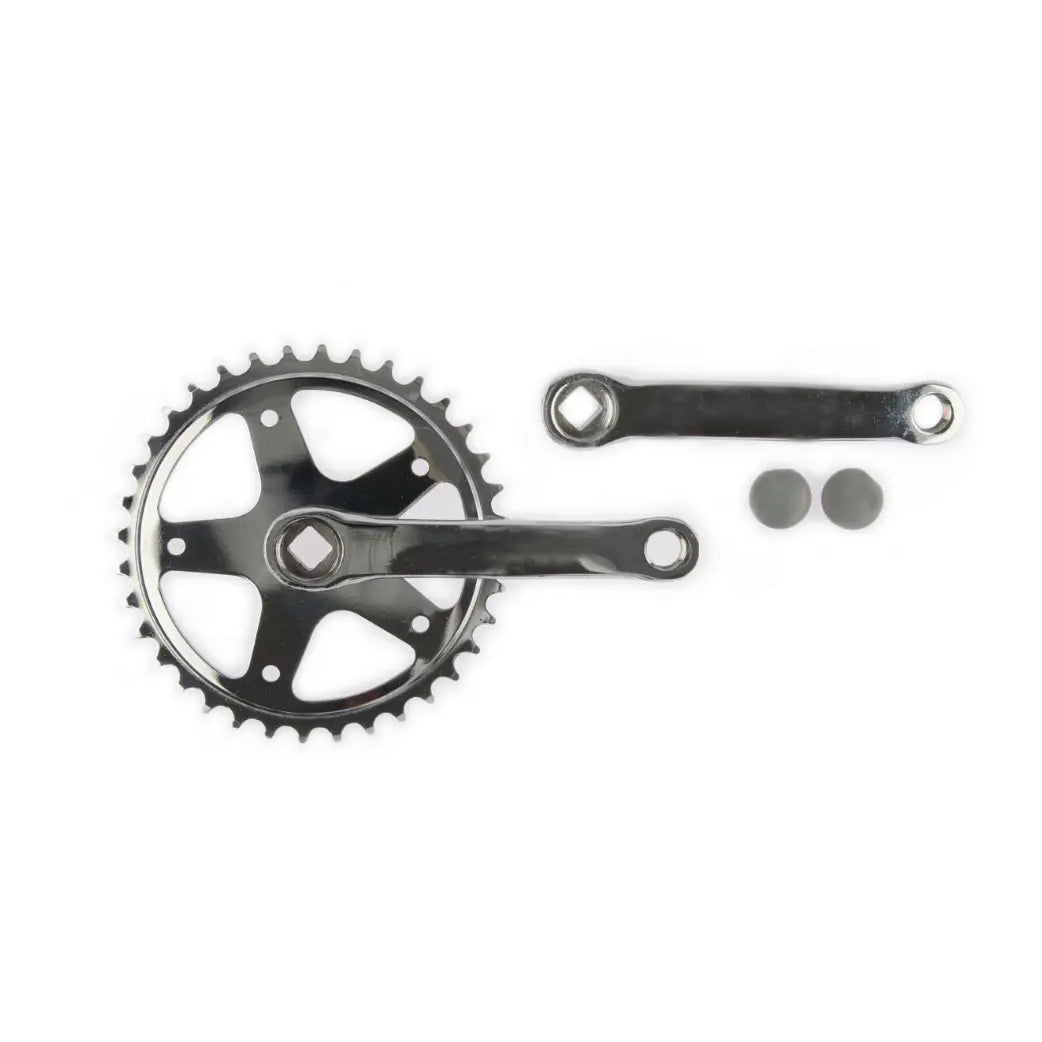 Crankset 36T, cranklengte 130mm. Chroom. staal, spieloos. bestemd voor kinderfiets - AE-trading
