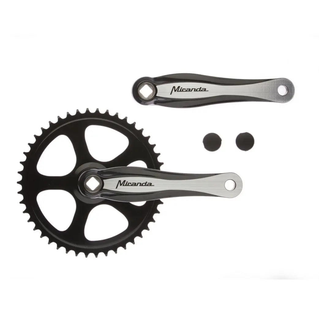 Miranda crankstel 44T, cranklengte 170mm. zwart stalen bladl, zilveren aluminium cranks. spieloos - AE-trading