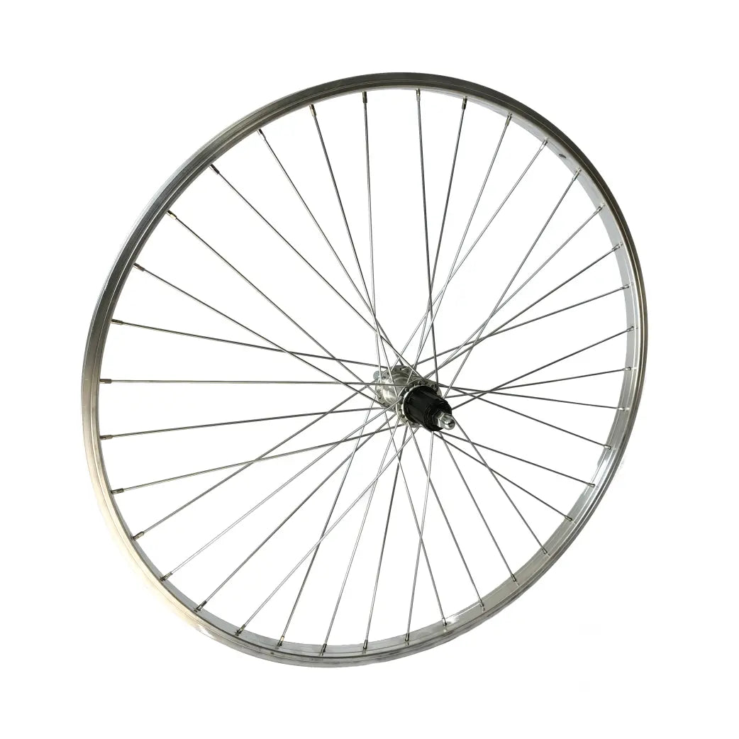 Achterwiel 28x1 5/8x1 3/8 aluminium velg zilver. vaste as, cassette naaf, 7/8 speed, spaak 14 (voor 7 speed gebruik vulring art. 2555) - AE-trading