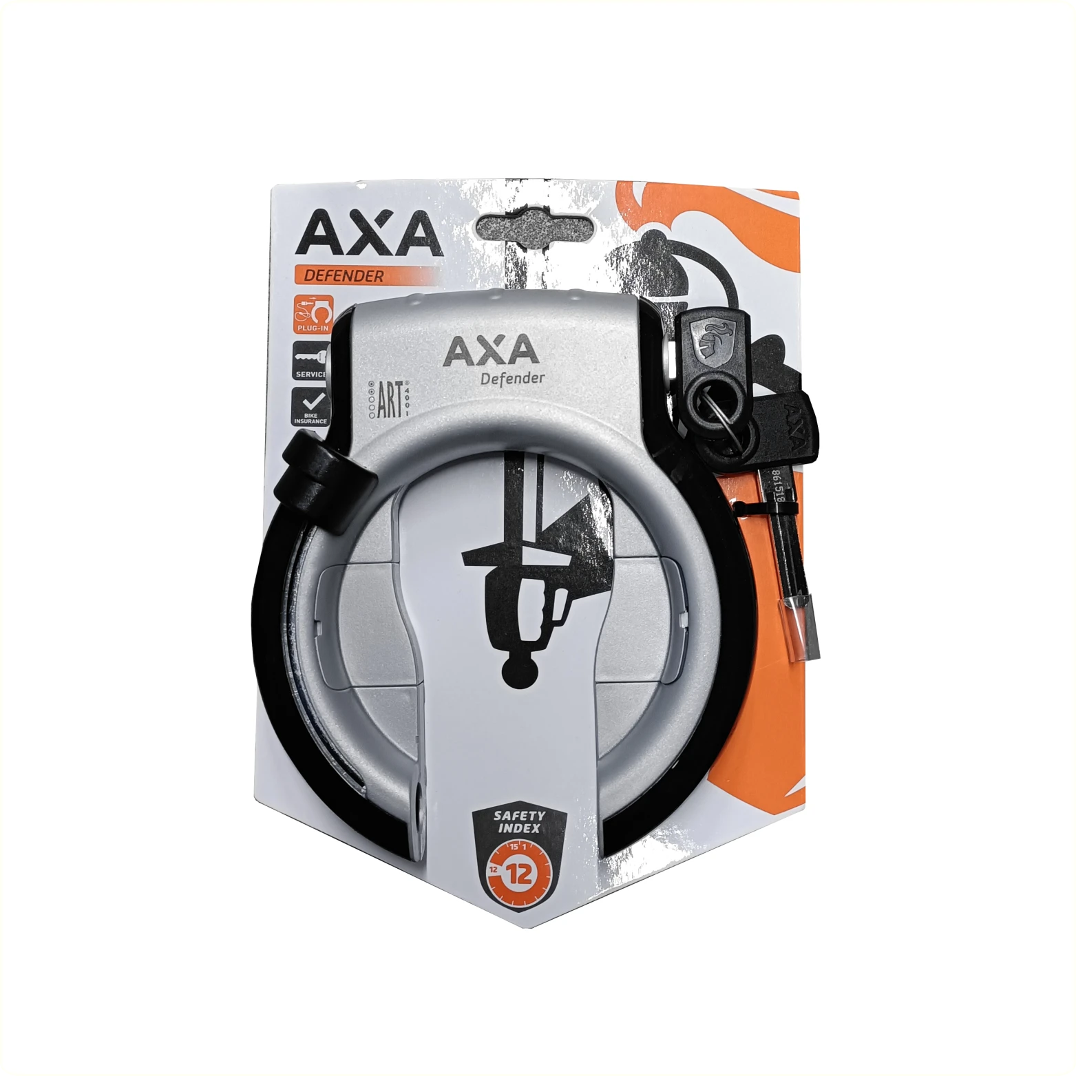 Axa Defender zilver/zwart met zwarte knop, spatbord bevestiging (hangverpakking). Beveligingsniveau 12 - AE-trading
