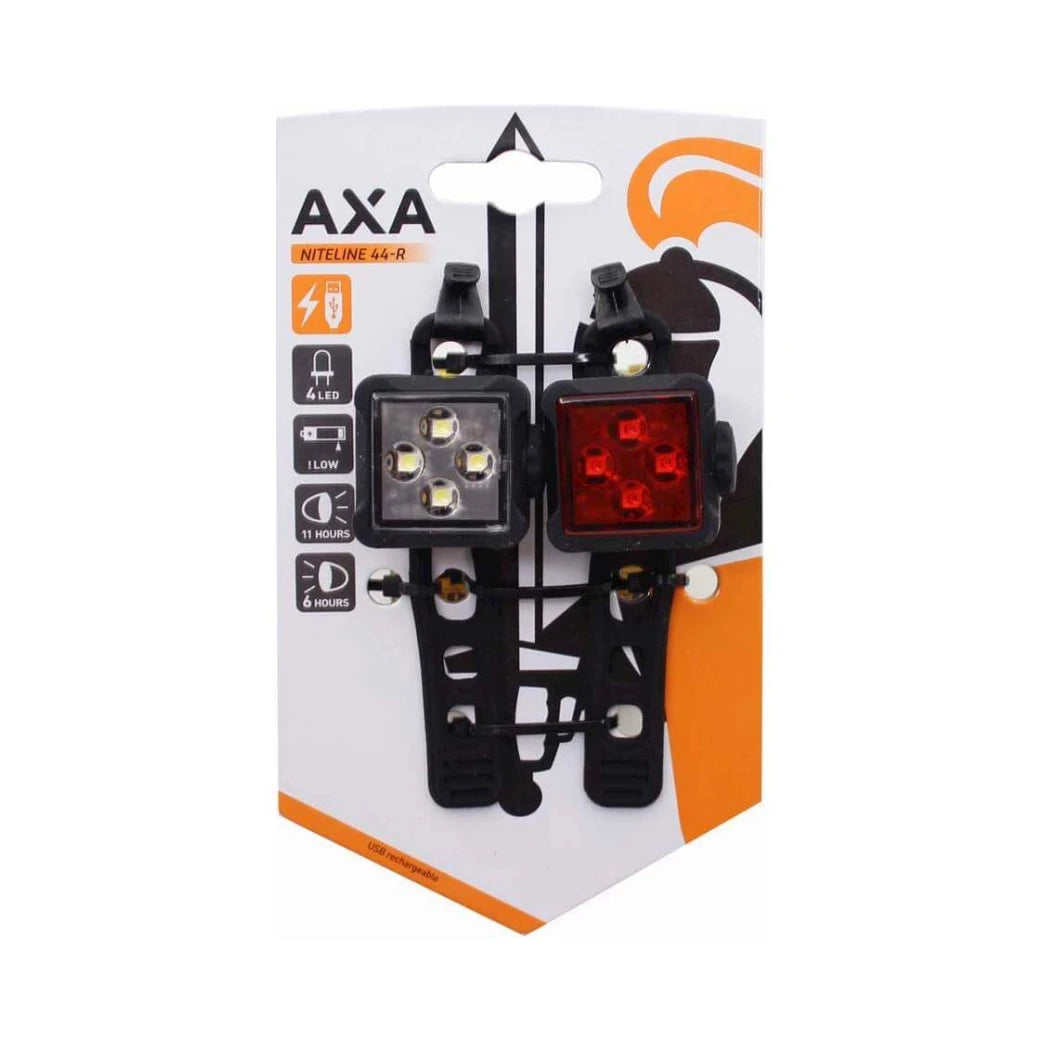 Axa Niteline 44-R is een set van voor- en achterlicht die beide USB oplaadbaar zijn montage dmv rubberen bandjes (hangverpakking) - AE-trading