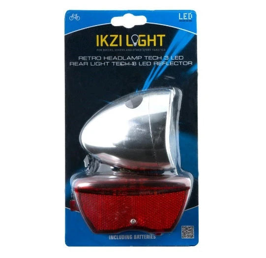 Ikzilight verlichtingsset 3 led voor en achter, batterij. Chromen 3 LED koplamp en 5 LED achterlicht. Montage afstand 80mm. incl. batterijen (hangverpakking) - AE-trading