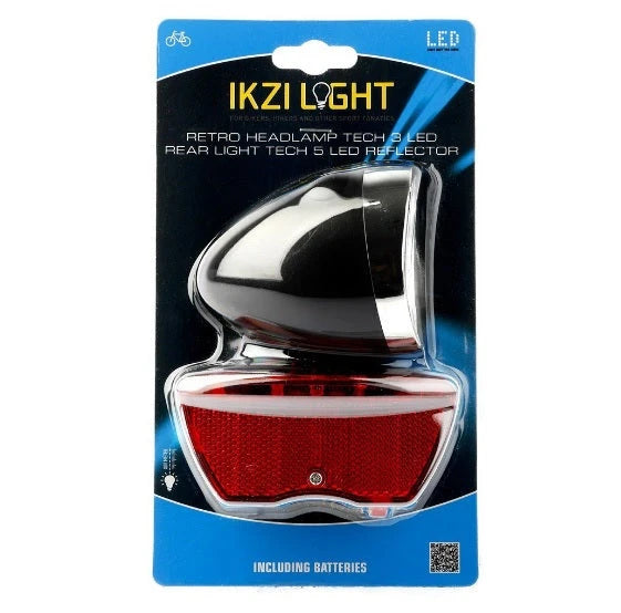 Ikzilight verlichtingsset voor en achter, batterij. zwarte 3 LED koplamp en 5 LED achterlicht. Montage afstand 80mm. incl. batterijen (hangverpakking) - AE-trading