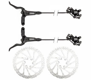 Elvedes Hydraulisch Schijfremsysteem HP4000 Links + rechts. Dubbele Zuiger Voor en Achter Rem Mineraalolie Systemen incl. 2 Ø160mm Rotors, 2 Olives, 2 Inserts. Leiding voor en achter 1700mm - AE-trading