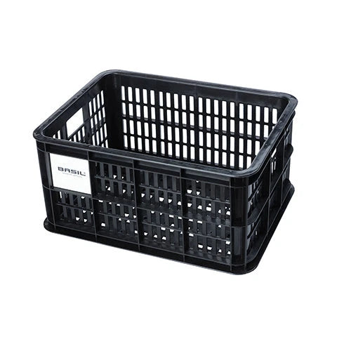 Basil krat S gerecycled kunststof, klein formaat, incl. kratclicker, geschikt voor MIK, Racktime, IRack, MonkeyLoad en AtranVelo platen (apart verkrijgbaar), excl. bev .materiaal, max. gewicht afhankelijk van max. toelaatbaar gew. drager, zwart 17.5L ... - AE-trading