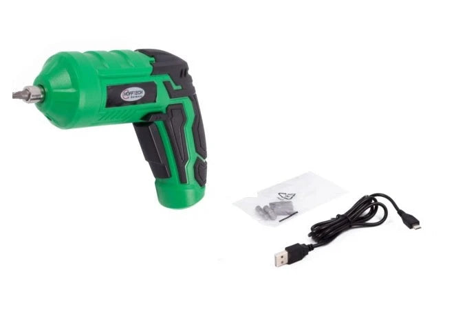 Höfftech Accu schroevendraaier, 4.0V ingebouwde LI-ION accu 1300 mah. Onbelast toerental: 0-200 RPM, Max. koppel: 3.5 Nm. Antislip handvat, met LED-licht en Inclusief oplader. Wordt geleverd met 6 bitjes, 2x plat en 4x kruiskop. - AE-trading