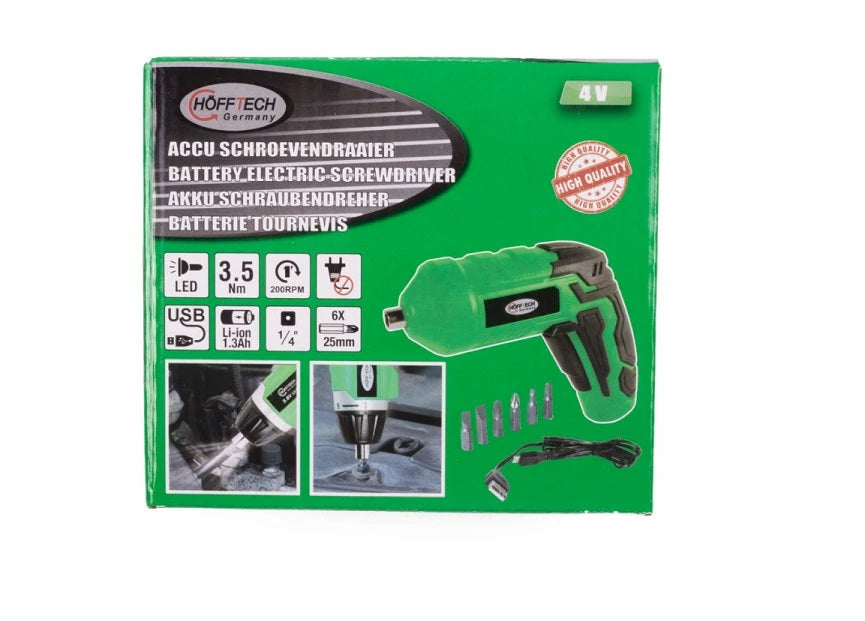 Höfftech Accu schroevendraaier, 4.0V ingebouwde LI-ION accu 1300 mah. Onbelast toerental: 0-200 RPM, Max. koppel: 3.5 Nm. Antislip handvat, met LED-licht en Inclusief oplader. Wordt geleverd met 6 bitjes, 2x plat en 4x kruiskop. - AE-trading