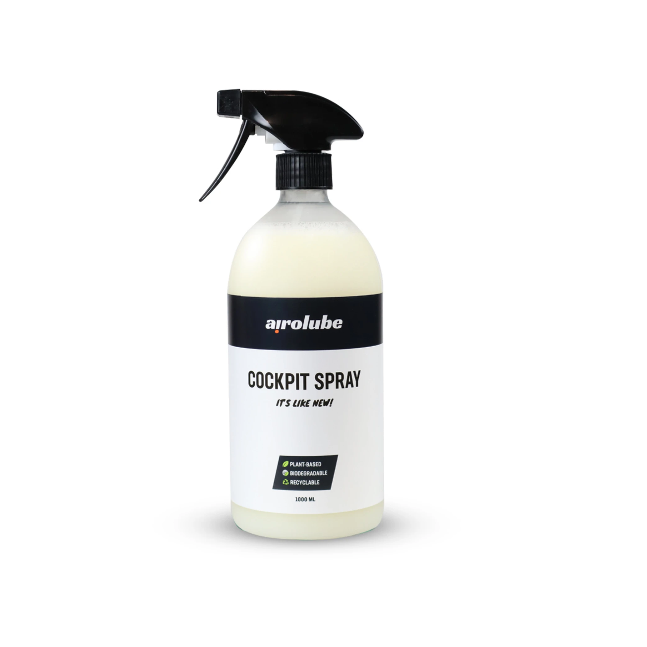 Airolube Cockpit spray 1000ml, reinigt en behandeld vrijwel alle kunststoffen. Breng de uitstraling van het kunststof terug naar de nieuwstaat. Ontwikkeld op basis van natuurlijke ingrediënten en verpakking is in zijn geheel te recyclen. - AE-trading