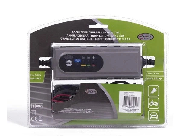 Höfftech Accu druppellader 'Expert' 6V-12V 3.8 Ampère, Geschikt voor alle soorten gel en loodaccu's. Type oplader: intelligent 5 Fasen Oplaadsysteem (0.8A - 3.8A) LED indicatie en beveiligd tegen overladen. Kabellengte: 1,5 Meter. Spanning: 220V - AE-trading