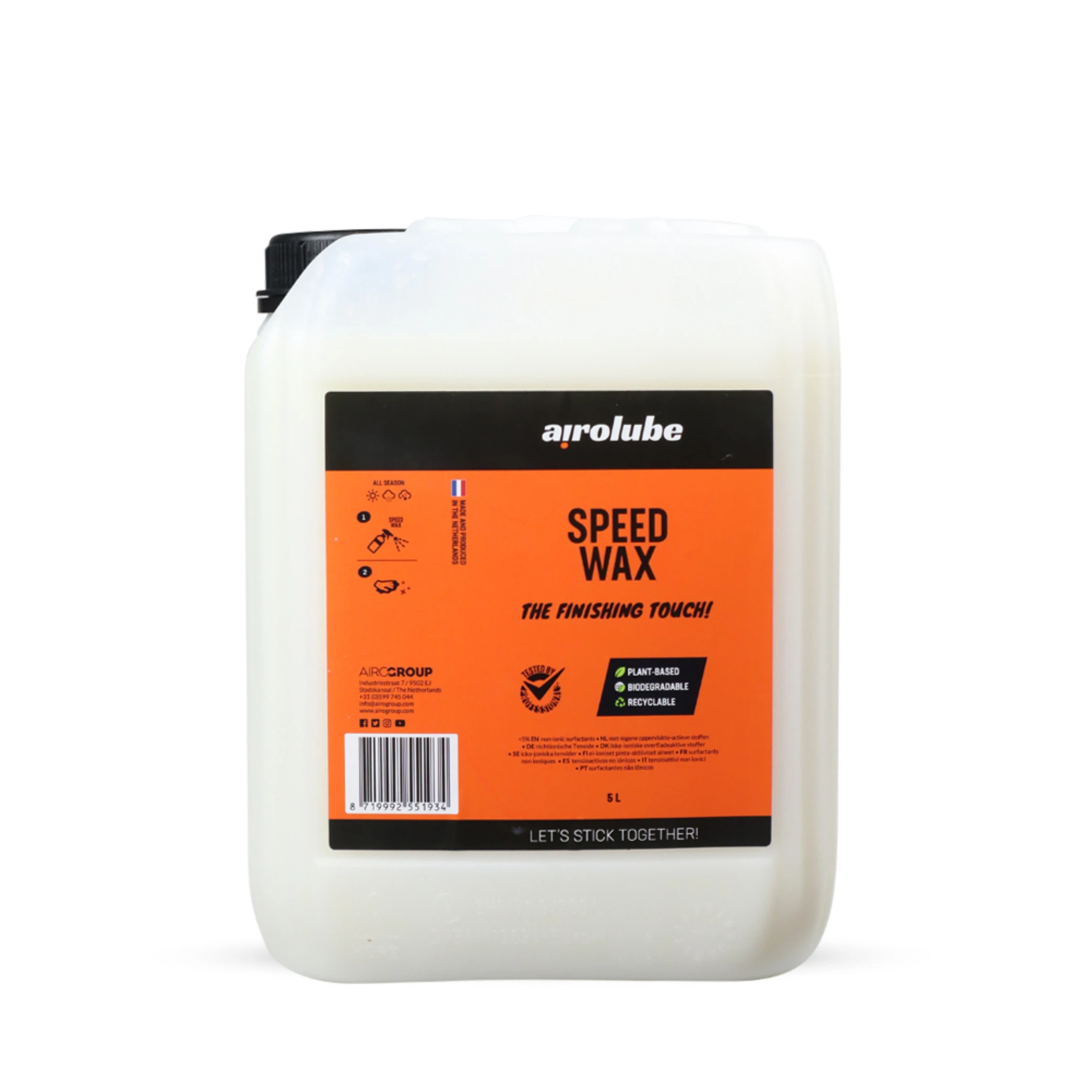 Airolube Speed wax 5L, wax-emulsie voor de bescherming en afwerking van lakken. Ook te gebruiken op carbon en matte lak. Brengt een waterafstotende en vuil-werende waxlaag aan. Biologisch afbreekbaar en samengesteld op basis van plantaardige formule. V... - AE-trading