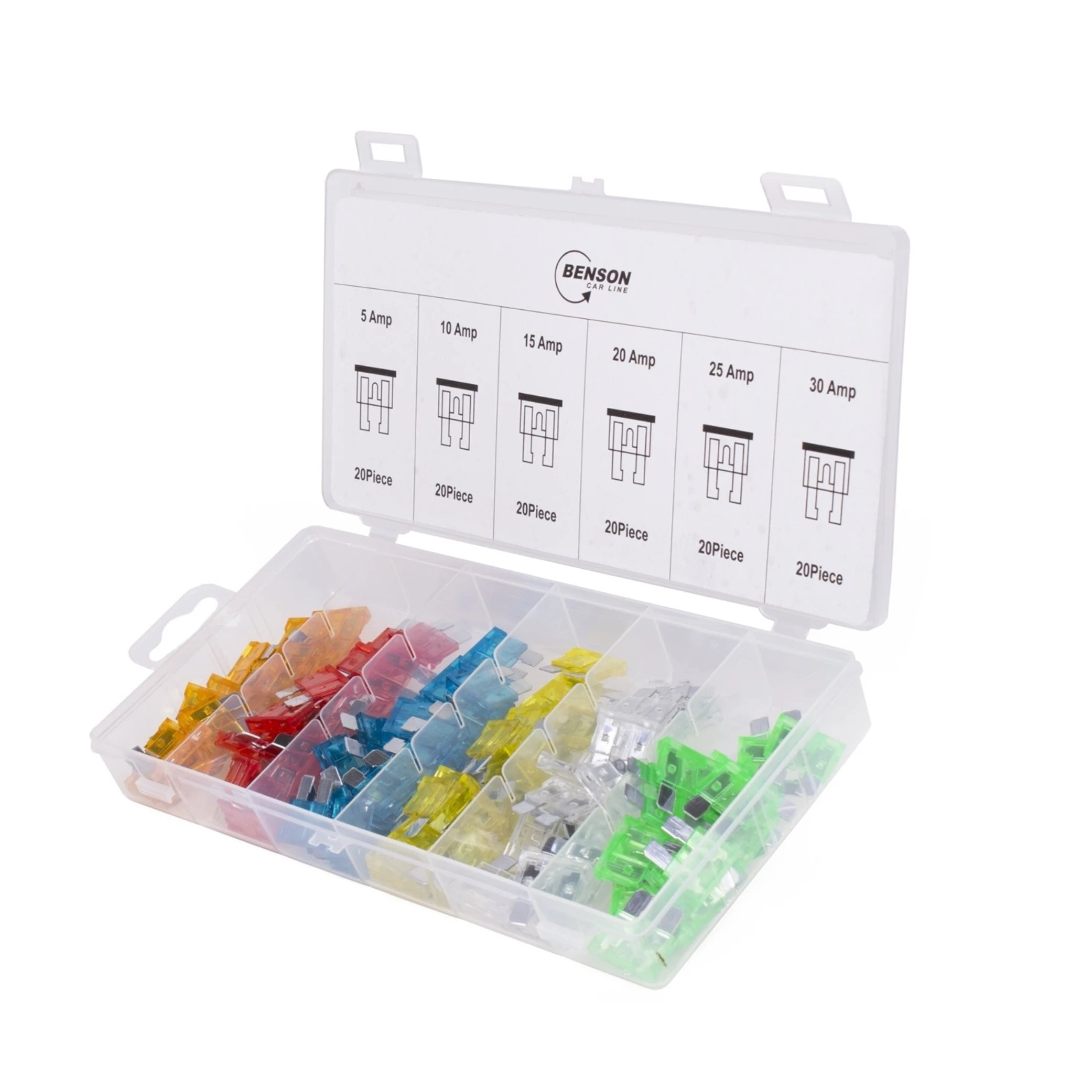 Steekzekering assortiment, 120 stuks in opbergbox. bestaande uit 20x : 5A, 10A, 15A, 20A, 25A, 30A - AE-trading