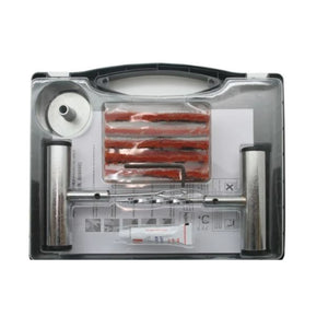Tubeless reparatie / proppen set 'EXPERT' 31 delig, extra stevige metalen uitvoering! Geschikt voor oa auto, motor en scooterbanden. Inhoud: 25x proppen, 1x boor, 1x treknaald, 1x opzetstuk voor treknaald, 1x lijm. inclusief opbergkoffer (proppen los a... - AE-trading