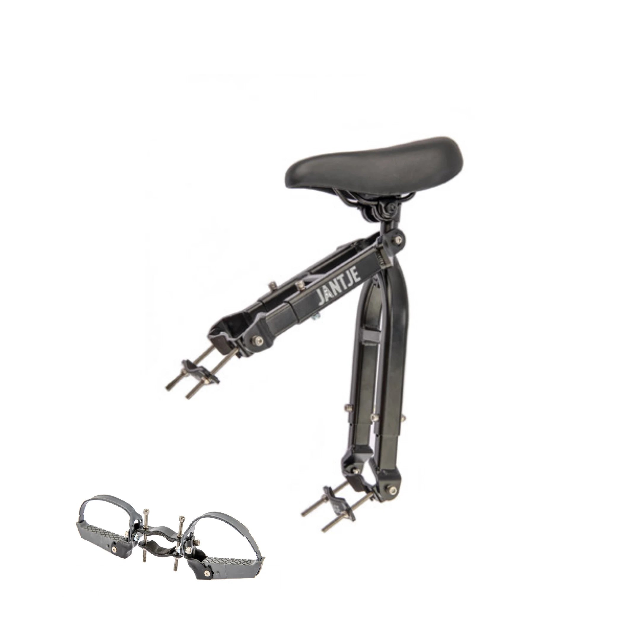 Mirage Kinderzadel 'Jantje' met bevestiging op framebuis, incl opklapbare voetsteunen. Universeel, past op vrijwel iedere dames fiets. Verstelbaar in hoogte, hoek en lengte. - AE-trading
