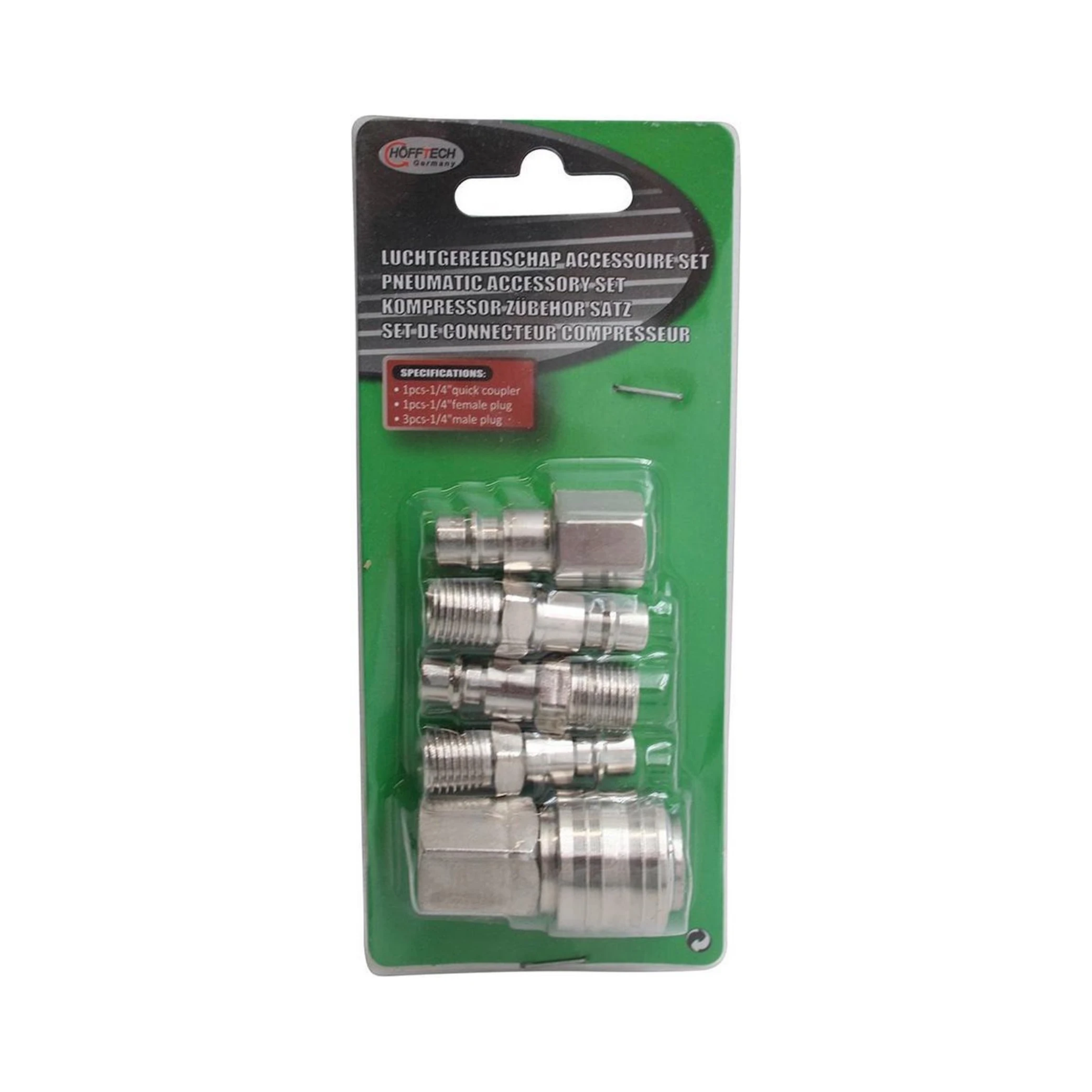 Hofftech luchtslang koppelingen Inhoud: 1x Euro snelkoppeling 1/4'' Vrouwelijk Quick Release Montage met 1/4 "BSP. 1x Euro insteeknippel 1/4'' Vrouwelijk Quick Release Montage met 1/4 "BSP buitendraad. 3x Euro insteeknippel 1/4'' Mannelijk, Quick Rele... - AE-trading