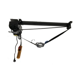 Elektrische takel 220V, staal zwart gepoedercoat, max gewicht 125Kg. Geschikt voor (elektrische)fietsen en lichte bromfietsen. Bedieningsunit voorzien van noodstop. CE gekeurd . - AE-trading