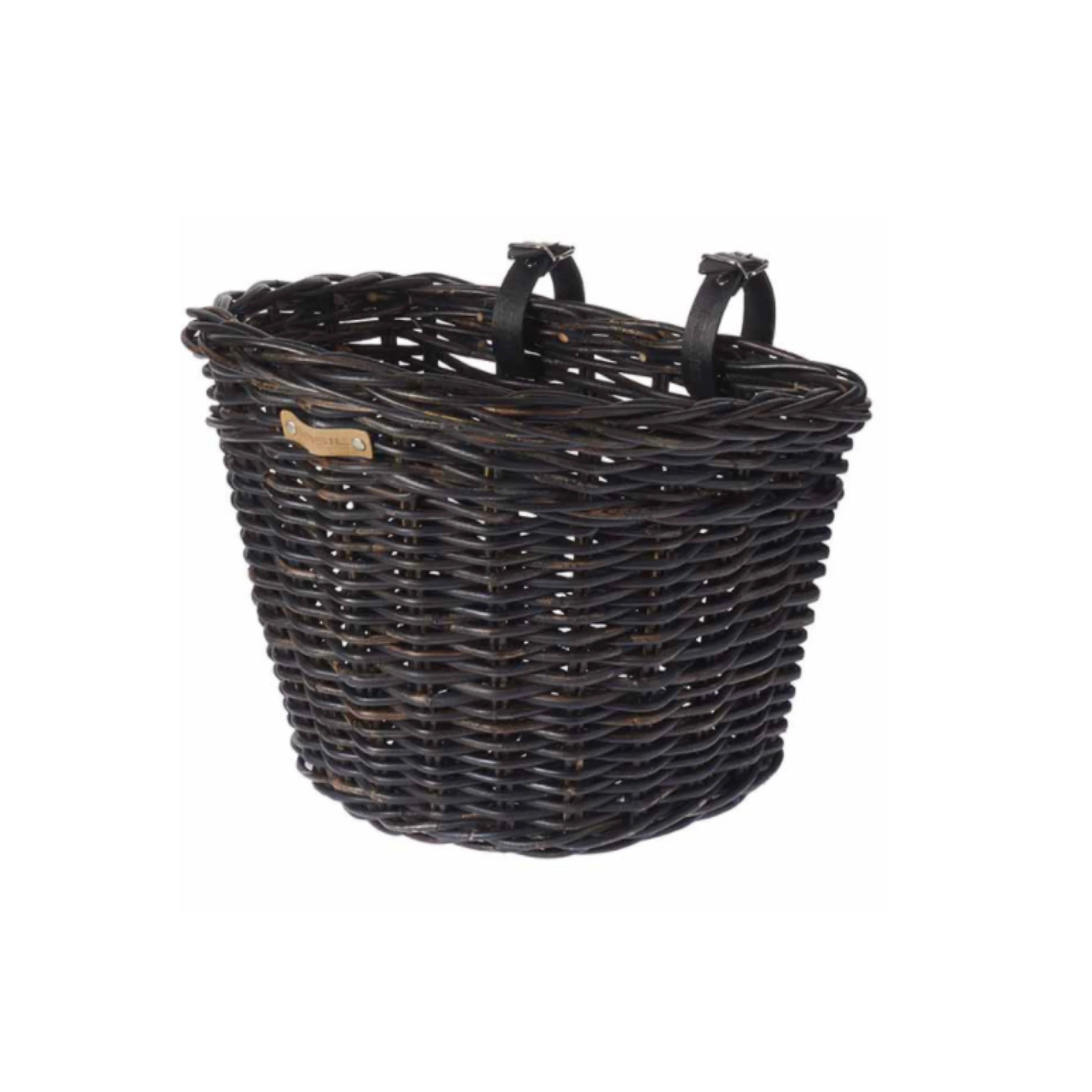 Basil Darcy L, rotan fietsmand, halfrond, groot formaat, met lederen riempjes om de mand voorop het stuur te hangen of op Basil voordrager te monteren, nature melee black - AE-trading