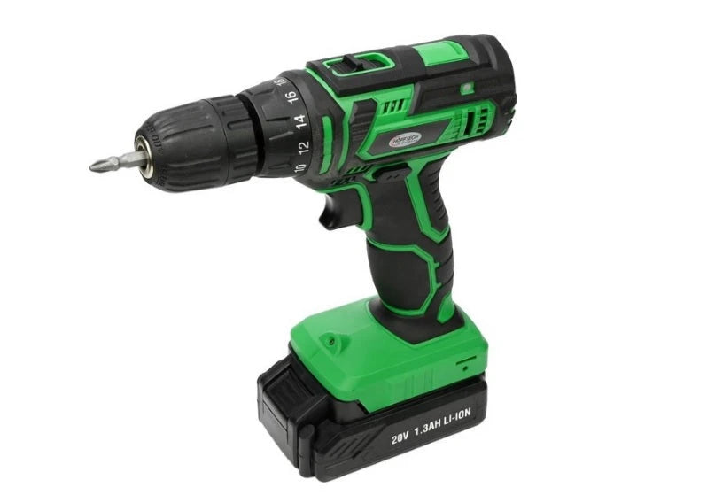 Höfftech Accu boormachine 20V 1.3 Ampère Li-ion, 18+1 schroefkoppelinstellingen, Max. koppel 35 Nm, Onbelast toerental: 0-400 RPM / 0-1400 RPM 2 snelheden, met LED-licht en batterij-indicator, Inclusief één accu (1300 mAh) opbergkoffer en lader - AE-trading