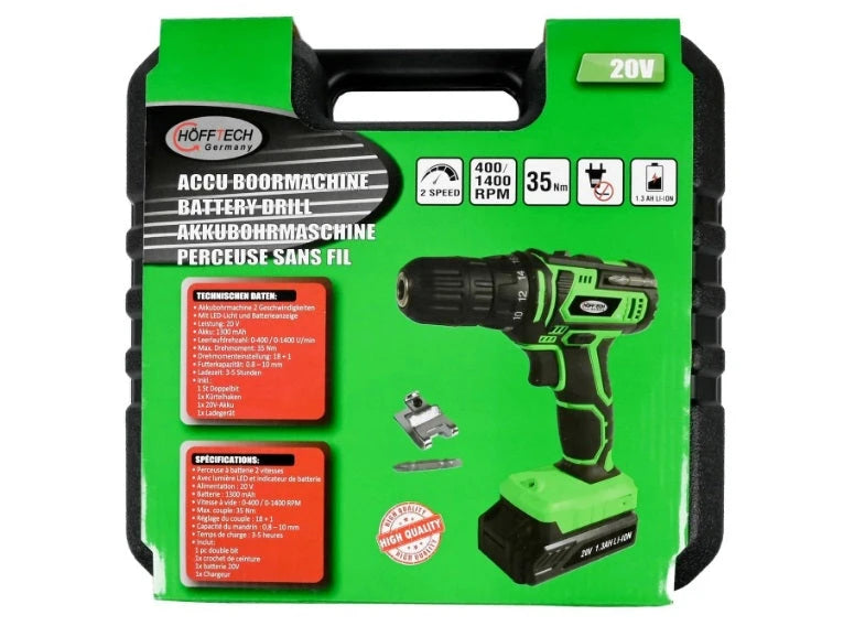 Höfftech Accu boormachine 20V 1.3 Ampère Li-ion, 18+1 schroefkoppelinstellingen, Max. koppel 35 Nm, Onbelast toerental: 0-400 RPM / 0-1400 RPM 2 snelheden, met LED-licht en batterij-indicator, Inclusief één accu (1300 mAh) opbergkoffer en lader - AE-trading