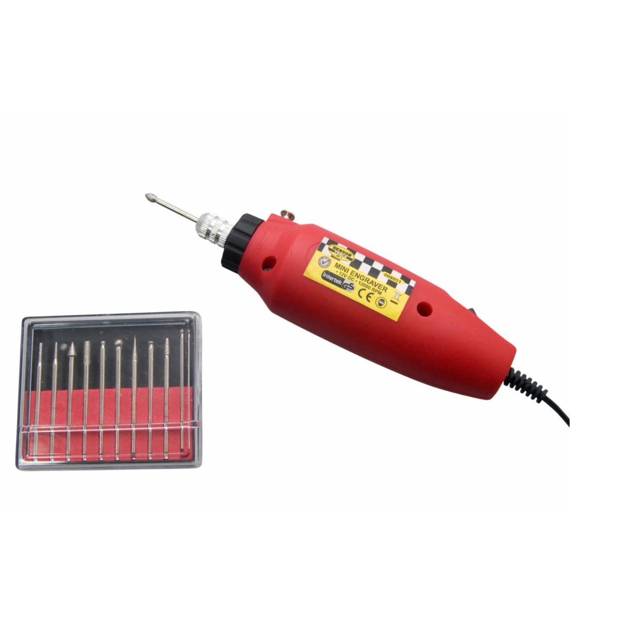 Benson Graveerpen, 11 delig. 12000rpm, werkzaam op netstroom 220v. incl 10 stiften en adapter met 2m snoer (hangverpakking) - AE-trading