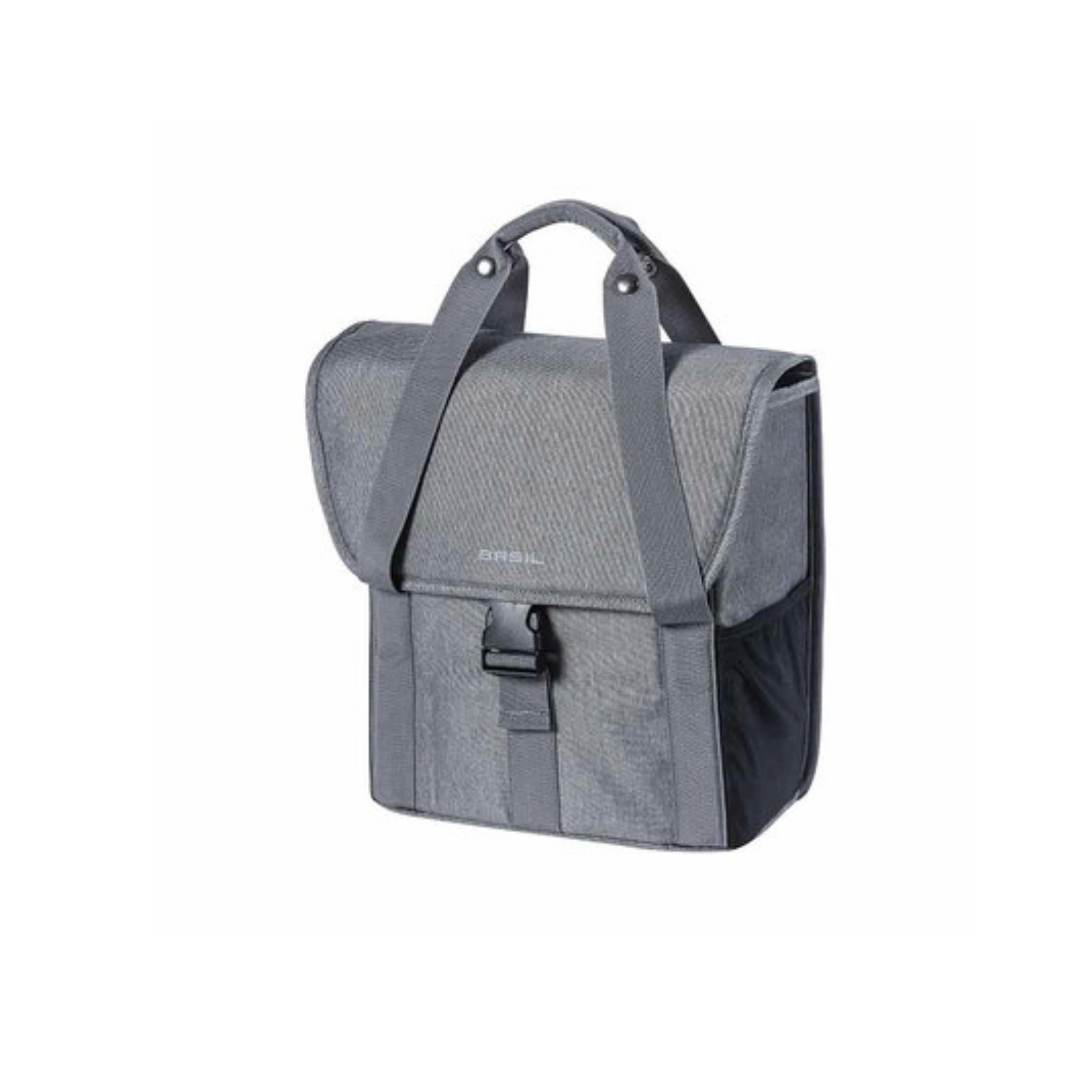 Basil Go, enkele fietstas voor achterop, hoogwaardig materiaal, hoofdcompartiment met aansnoerkoord, dubbele elastische zijvakken, handgrepen, Hook On-system in ritsvak, dubbele en extra reflectie, 16L, grey melee - AE-trading