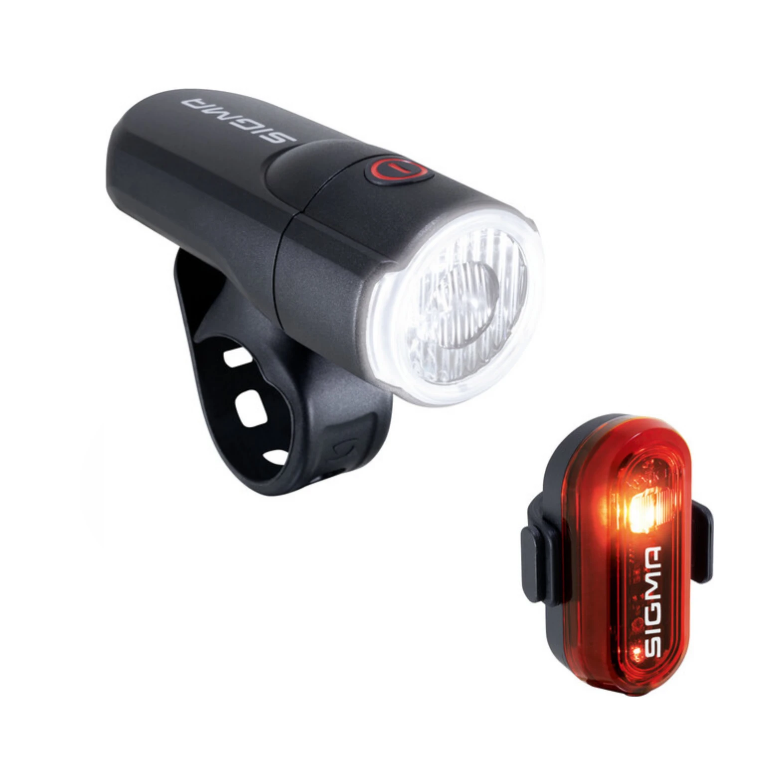 Sigma Aura 30 verlichtingsset, batterij. Koplamp LED 30 Lux (15 Lux in eco stand) lichtbundel 40 meter, achterlicht Sigma Curve. Waterdicht (IPX4) voorzien van batterij-indicator, incl batterijen (hangverpakking) - AE-trading