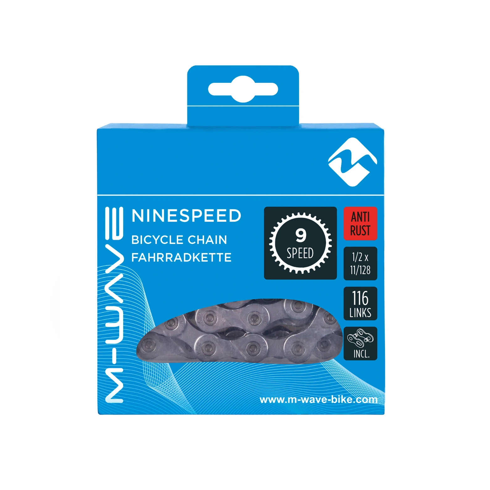 M-Wave ketting 9-speed, 1/2x11/128 116L zilver anti-roest (hangverpakking) - AE-trading