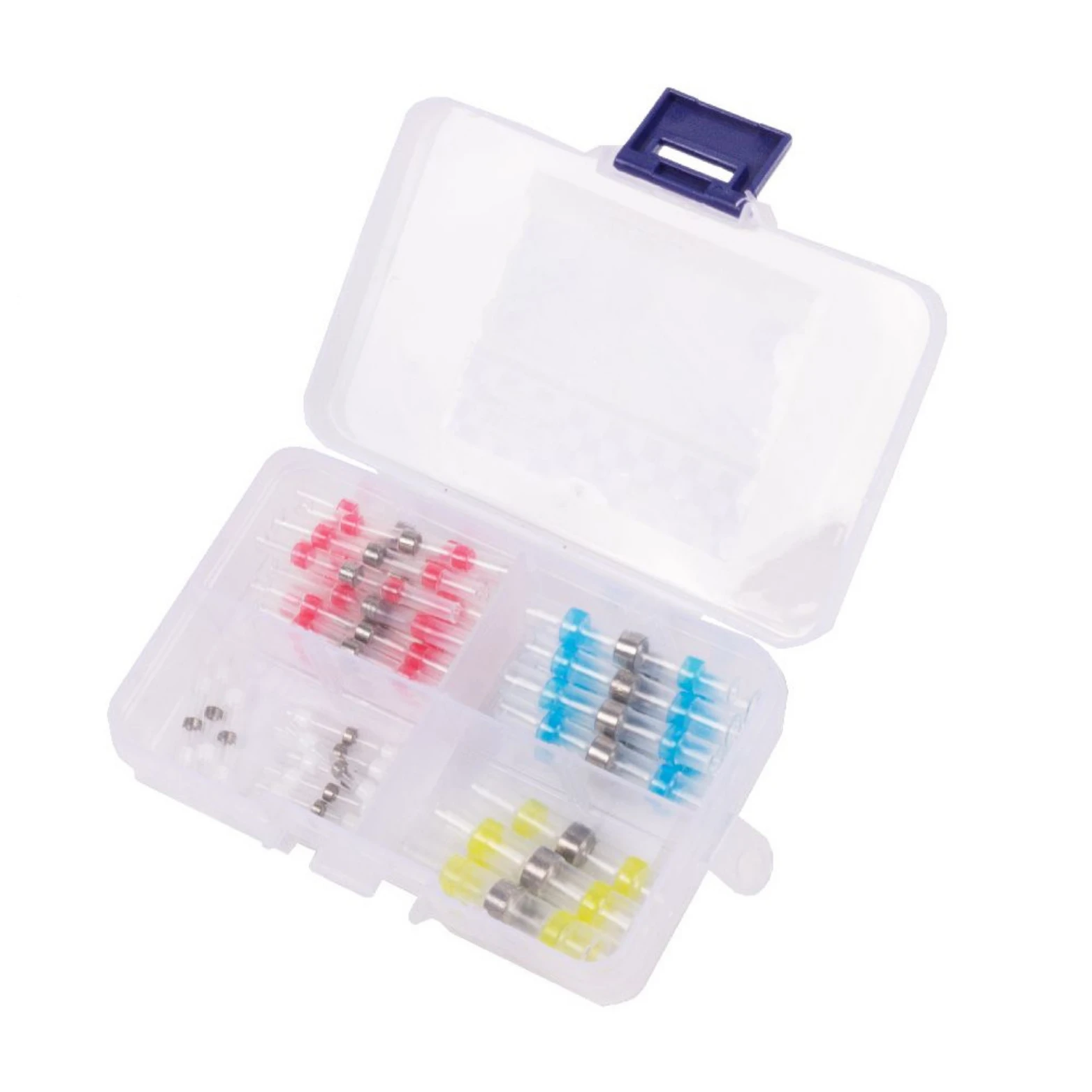 Assortiment Soldeerverbinders, 50 stuks in opbergbox. Inhoud: 10x 0.25-0.35mm, 23x 0.50-1.00mm, 12x 1.50-2.50mm, 5x 4.00-6.00mm - AE-trading
