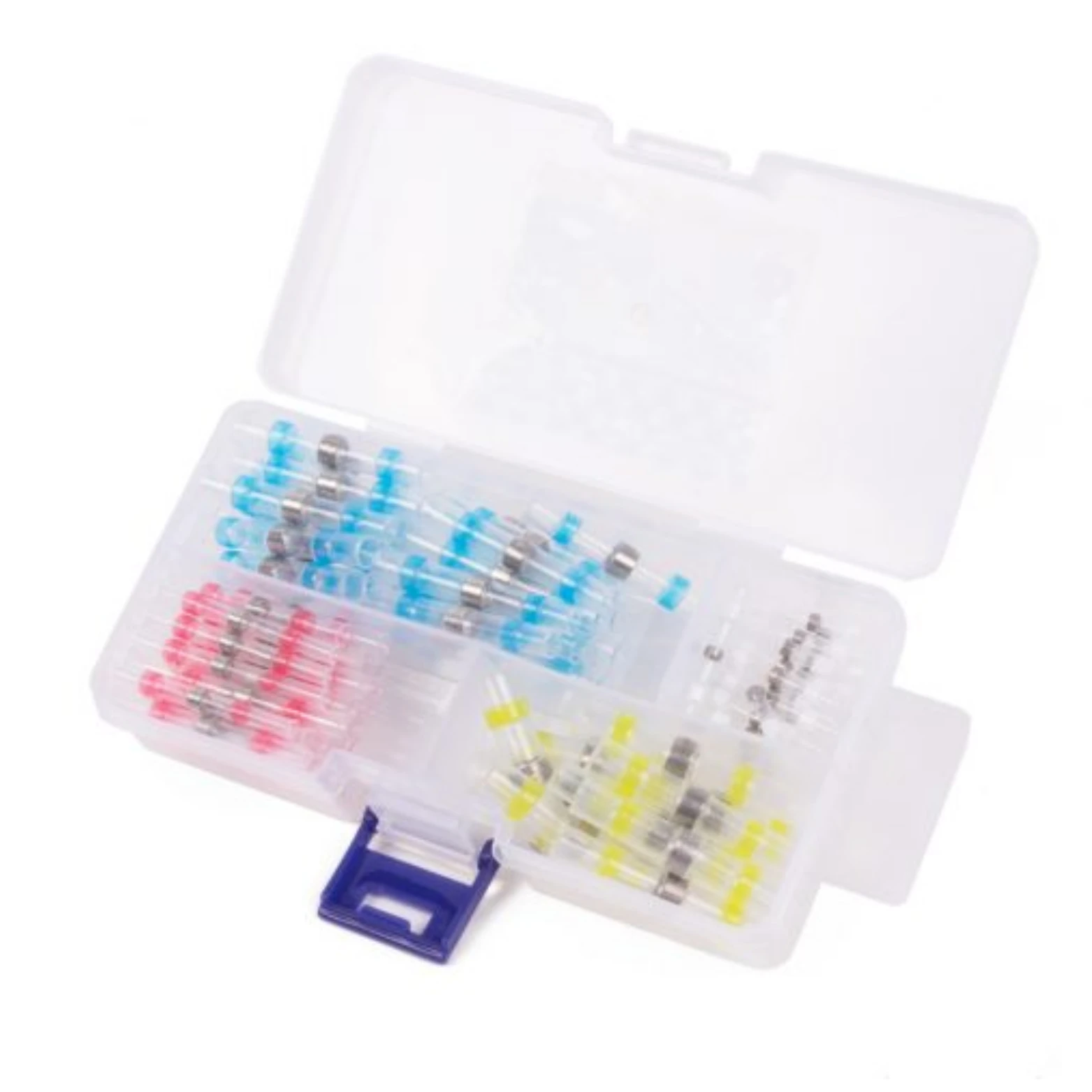 Assortiment Soldeerverbinders, 100 stuks in opbergbox. Inhoud: 25x 0.25-0.35mm, 35x 0.50-1.00mm, 30x 1.50-2.50mm, 10x 4.00-6.00mm - AE-trading