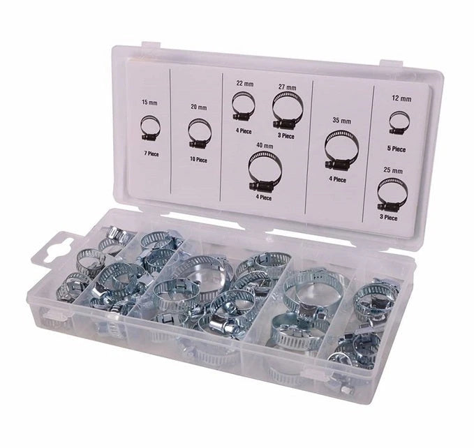 Slangklem assortiment, 40 stuks in opbergbox. bestaande uit: 3x 25mm, 27mm, 4x 22mm, 35mm, 40mm, 5x 12mm, 7x 15mm, 10x 20mm - AE-trading