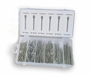 Splitpen assortiment, 300 stuks in opbergbox. bestaande uit: 82x 1,5x25mm, 2,5x25mm, 54x 2,5x40mm, 40x 30x30mm, 28x 3x50mm, 14x 4x65mm - AE-trading