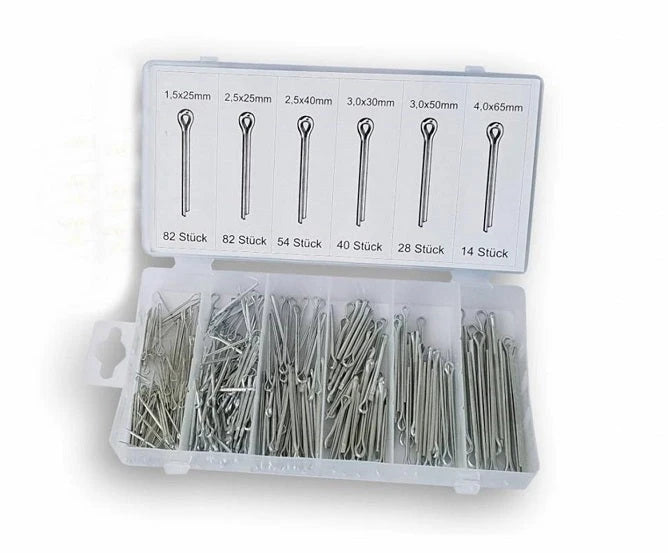 Splitpen assortiment, 300 stuks in opbergbox. bestaande uit: 82x 1,5x25mm, 2,5x25mm, 54x 2,5x40mm, 40x 30x30mm, 28x 3x50mm, 14x 4x65mm - AE-trading