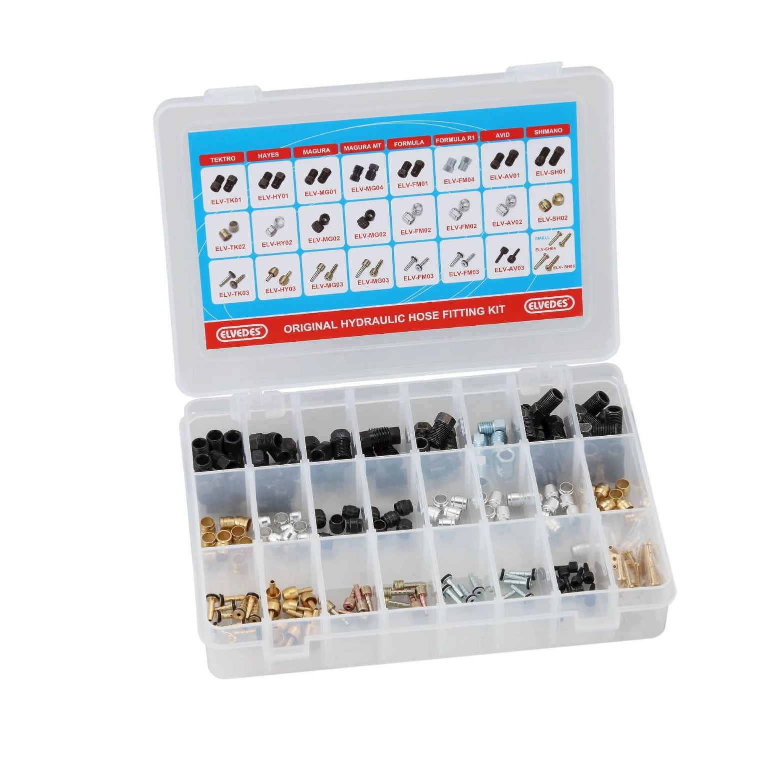 Elvedes assortiment Hydroslang aansluitingen, 210 stuks in opbergbox. Geschikt voor: Avid, Formula, Hayes, Magura en Shimano (te gebruiken op originele remslangen) - AE-trading