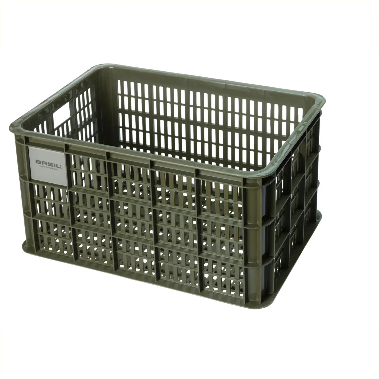 Basil krat L gerecycled kunststof, klein formaat, incl. kratclicker, geschikt voor MIK, Racktime, IRack, MonkeyLoad en AtranVelo platen (apart verkrijgbaar), excl. bev .materiaal, max. gewicht afhankelijk van max. toelaatbaar gew. drager, Mosgroen 40L ... - AE-trading