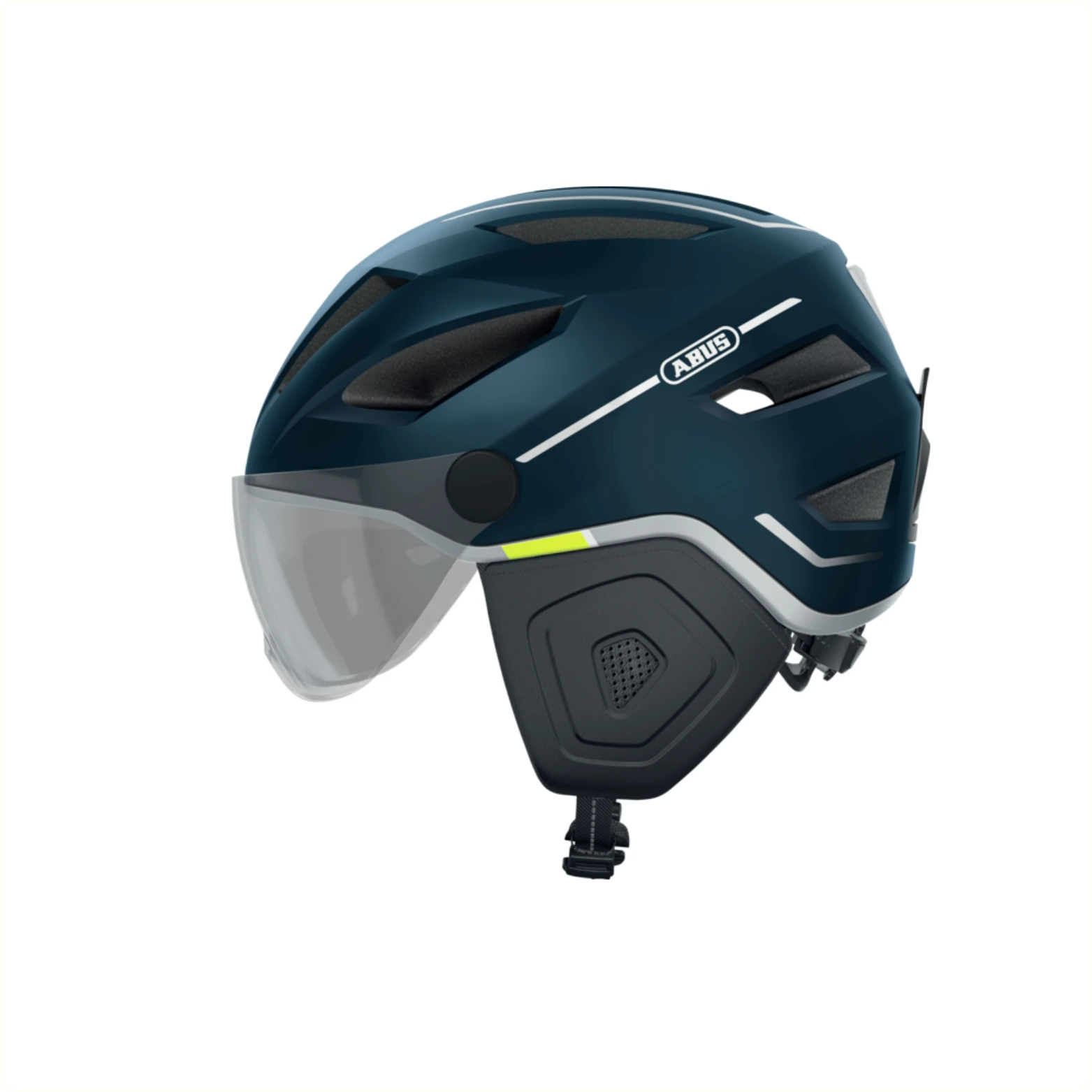Abus helm Pedelec 2.0 ACE L (56-62) Met vizier, oorkappen. Magnetische fidlock sluiting en regenhoes. Ponytail-compatible. NTA goedgekeurd voor snorscooter en speed pedelecs. Midnight blue - AE-trading