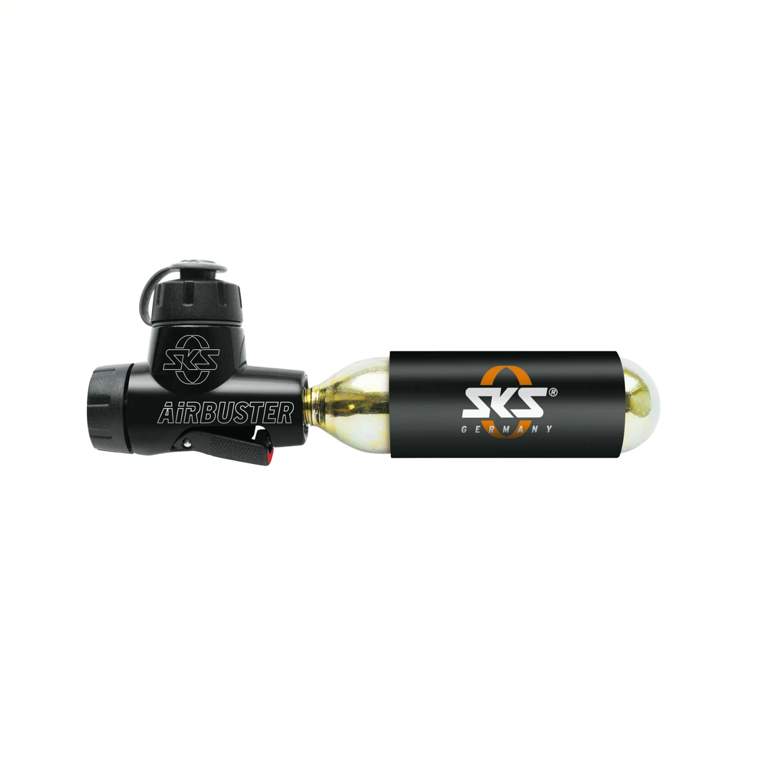 SKS Airbuster CO2 Fietspomp met geïntegreerde draaidoseerknop. Geschikt voor patronen met schroefdraad. incl 16 grams CO2 patroon (hangverpakking) - AE-trading