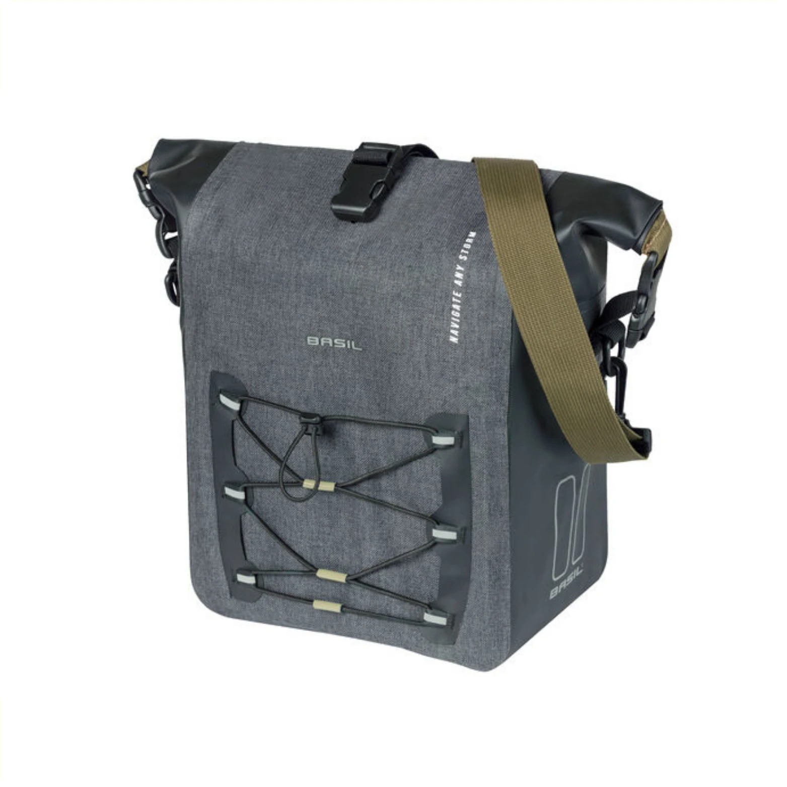 Basil Navigator Storm M enkele fietstas, waterdicht (IPX3), tarpaulin/600D polyester, roltopsluiting met extra instelbare sluiting, compressie voorvak dmv instelbare reflecterend elastiek, handvat en schouderband, Hook On-systeem, reflectie, 12-15L, zw... - AE-trading