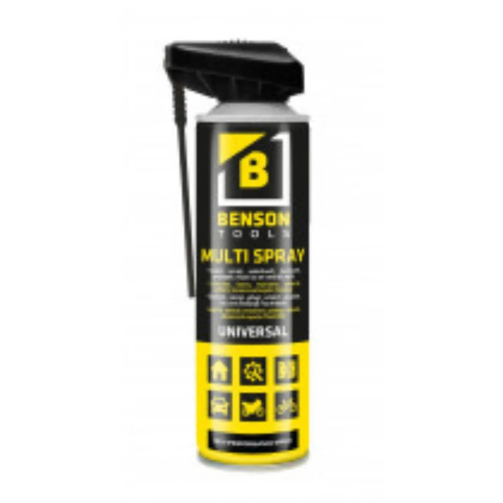Benson Multi-spray 300ml. Multi spray universeel met een 2-way spray kop. Universele spray met een meervoudige werking. Smeert, reinigt, onderhoudt, beschermt, versoepelt, maakt los en verdrijft vocht. Stopt en voorkomt vervelend piepen en kraken. Besc... - AE-trading