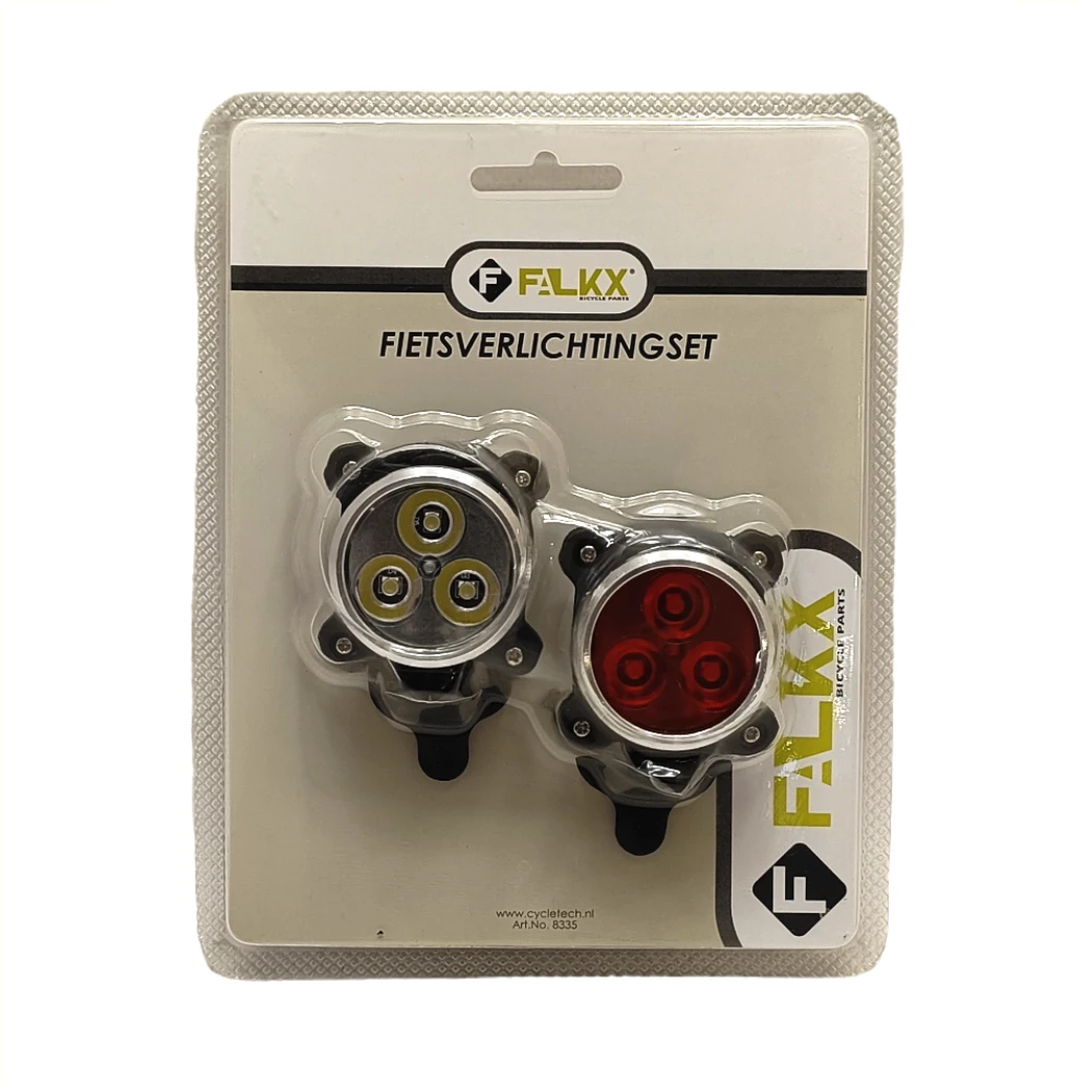 FALKX Tri Star LED siliconen verlichting set , zwart. 3 leds per lamp. functies: Eco 30%, normaal 40%, medium 50% full 100%. en 4 knipperstanden. . Past om 22.2-31.8mm incl USB oplaadbaar (hangverpakking). - AE-trading