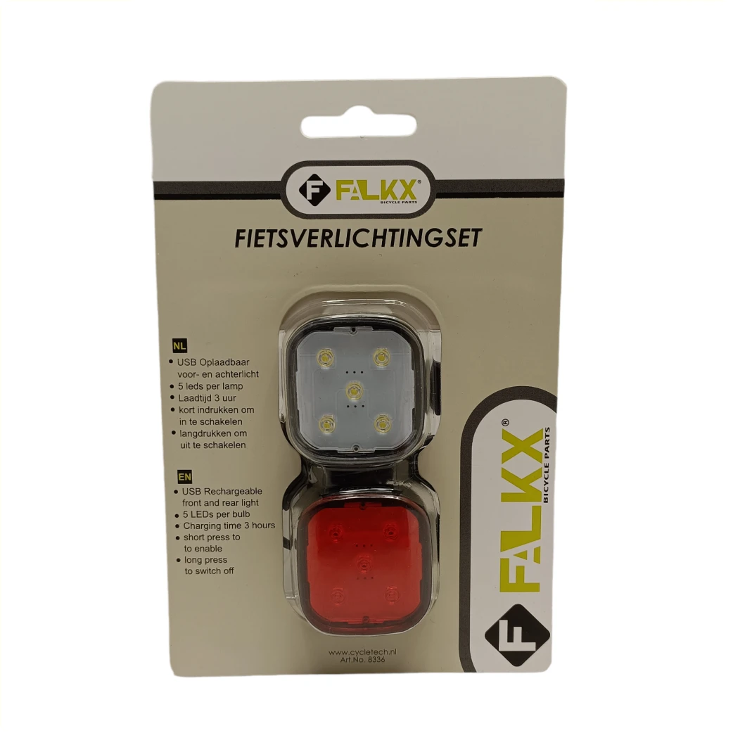 FALKX 5 Star LED siliconen verlichting set , zwart. 5 leds per lamp. functies: continu 100%- Continu 50%- 3 knipperstanden.Past om 22.2-31.8mm incl USB oplaadbaar (hangverpakking). - AE-trading