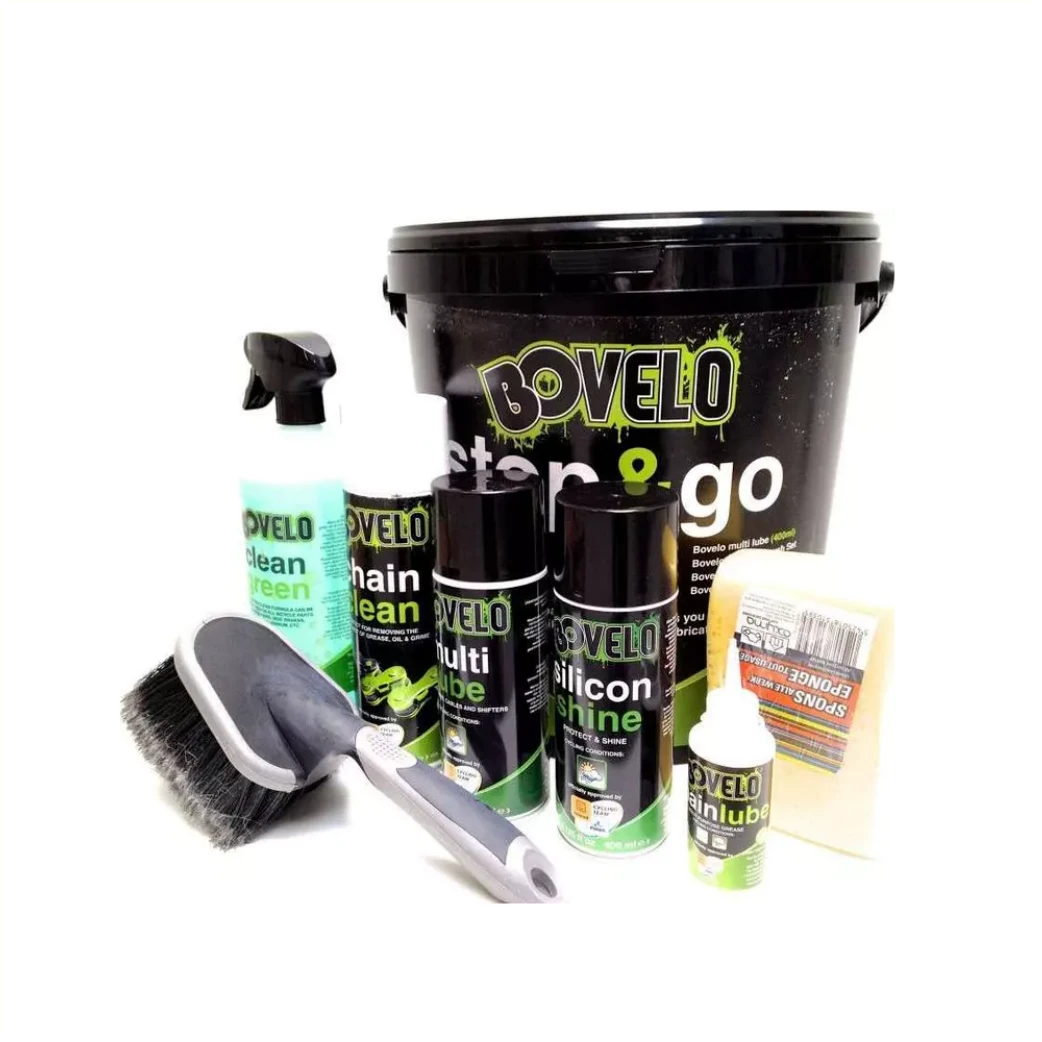 BoVelo Stop&Go kit. Alles voor het schoonmaken en onderhouden van de fiets. inhoud emmer: Bovelo Clean Green 1 L Schoonmaakmiddel, Bovelo Chain Clean 500 ML kettingreiniger, Bovelo Multi Lube 400 ML multifunctioneel smeermiddel, Bovelo Silicon Shine s... - AE-trading