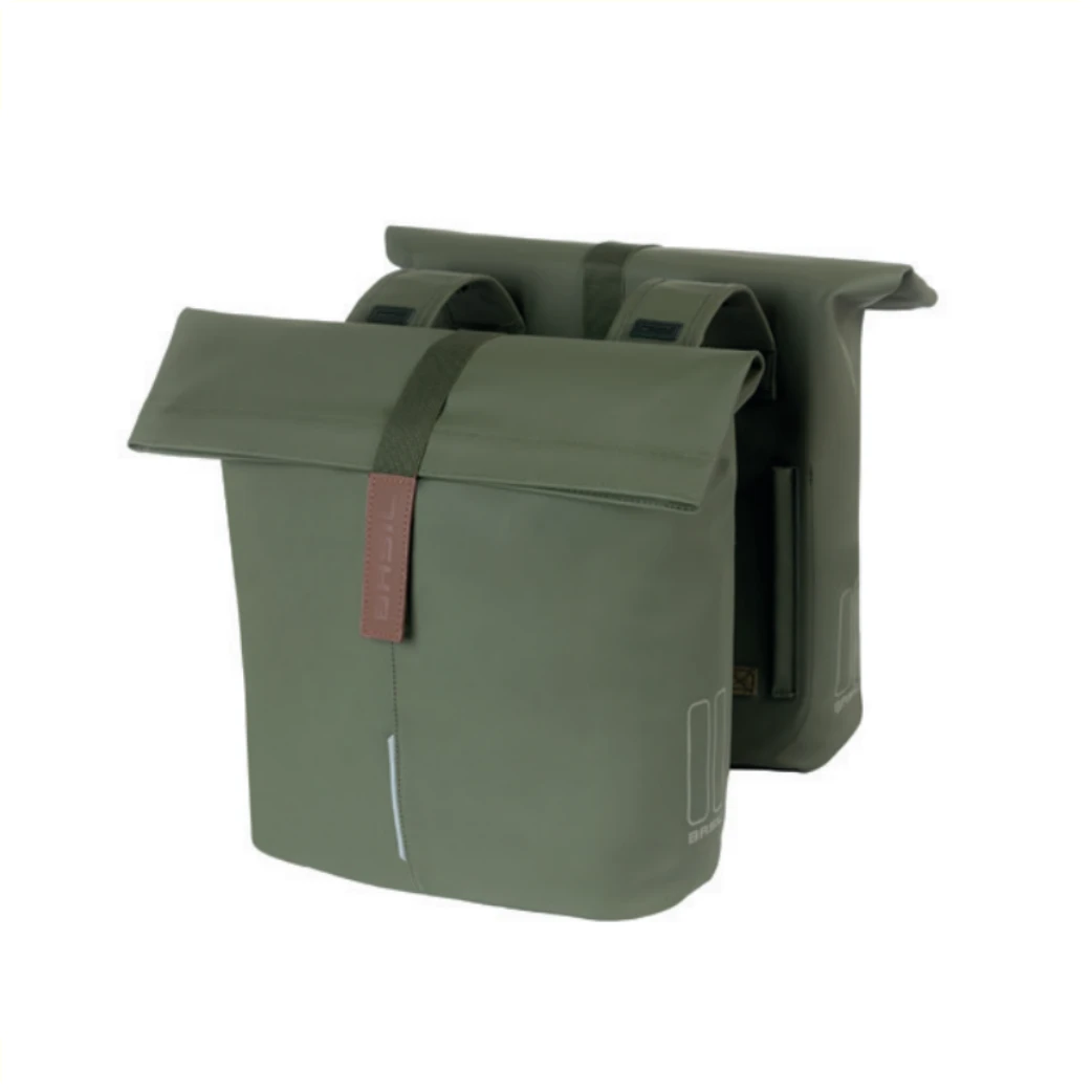 Basil City dubbele fietstas, vegan leather, waterkerende vouwsluiting, Universal Bridge systeem (geschikt voor Basil DBS, MIK, Racktime platen (apart verkrijgbaar)), geschikt voor Basil afstandhouder (apart verkrijgbaar), reflectie, 28-32L, Moss green - AE-trading