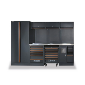 Beta werkplaats inrichting Samengesteld als volgt: • Werkblad uit MDF, voorzien van een roestvaststalen afwerking • Vast ladenblok met 7 laden • Vast service blok • Gereedschapswagen met 7 laden • Tweedeurs hoge kast (C45PRO AS2) • 3 geperforeerde gere... - AE-trading
