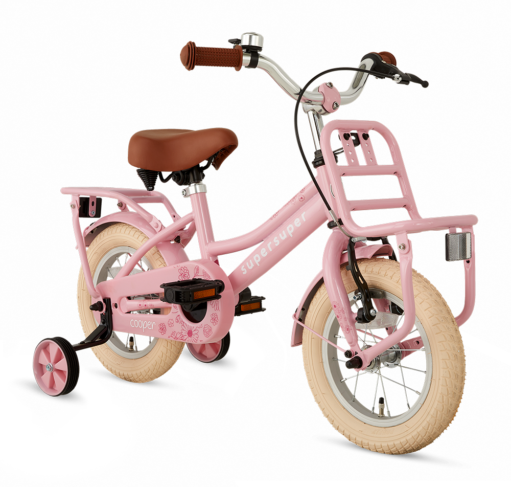 SuperSuper Cooper 12 Girls Kinderfiets Roze – Inclusief Zijwieltjes, Perfect voor Beginners met Lichtgewicht Frame en Veiligheidshandvatten - AE-trading