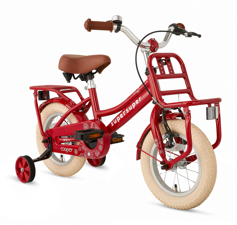 SuperSuper Cooper 12 Girls Kinderfiets Rood – Duurzame & Veilige Kinderfiets met Aluminium Frame en Stabiele Zijwieltjes - AE-trading
