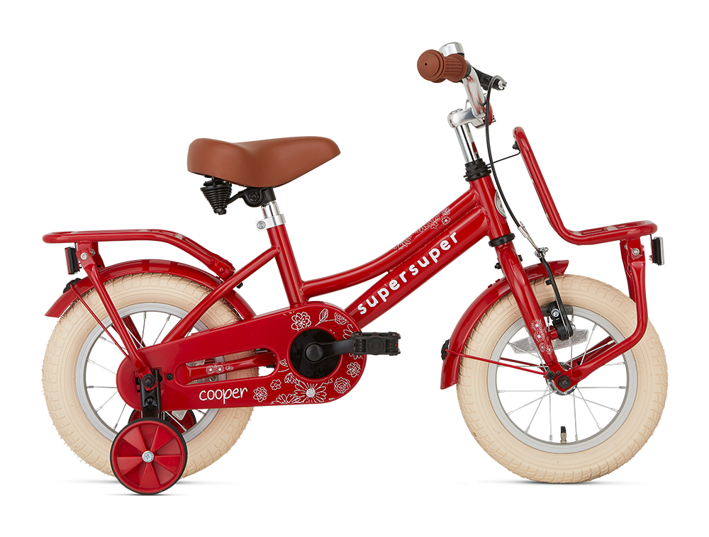 SuperSuper Cooper 12 Girls Kinderfiets Rood – Duurzame & Veilige Kinderfiets met Aluminium Frame en Stabiele Zijwieltjes - AE-trading