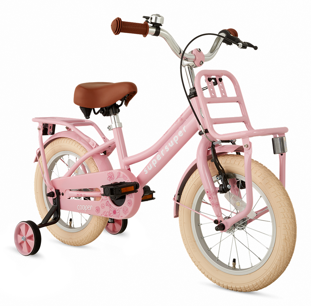 SuperSuper Cooper 14 Kinderfiets Roze – Beginnersfiets met Lichtgewicht Aluminium Frame en Inclusief Zijwieltjes voor Stabiliteit - AE-trading