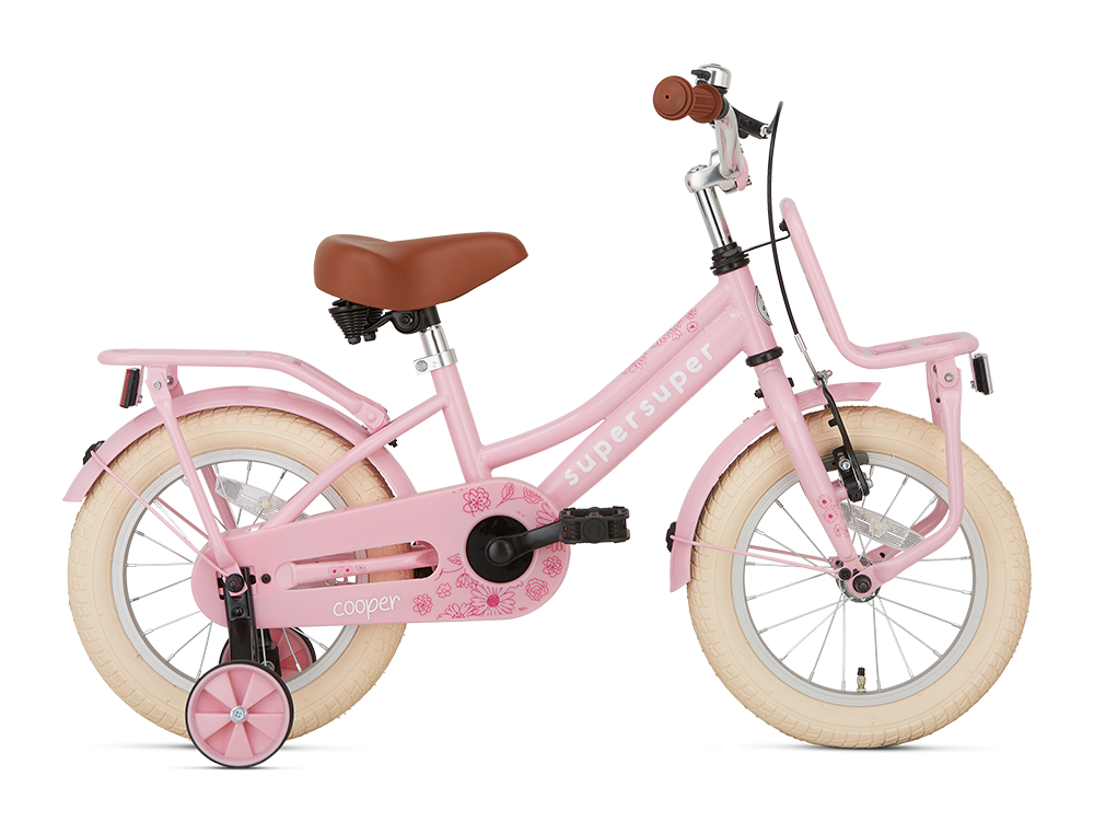 SuperSuper Cooper 14 Kinderfiets Roze – Beginnersfiets met Lichtgewicht Aluminium Frame en Inclusief Zijwieltjes voor Stabiliteit - AE-trading
