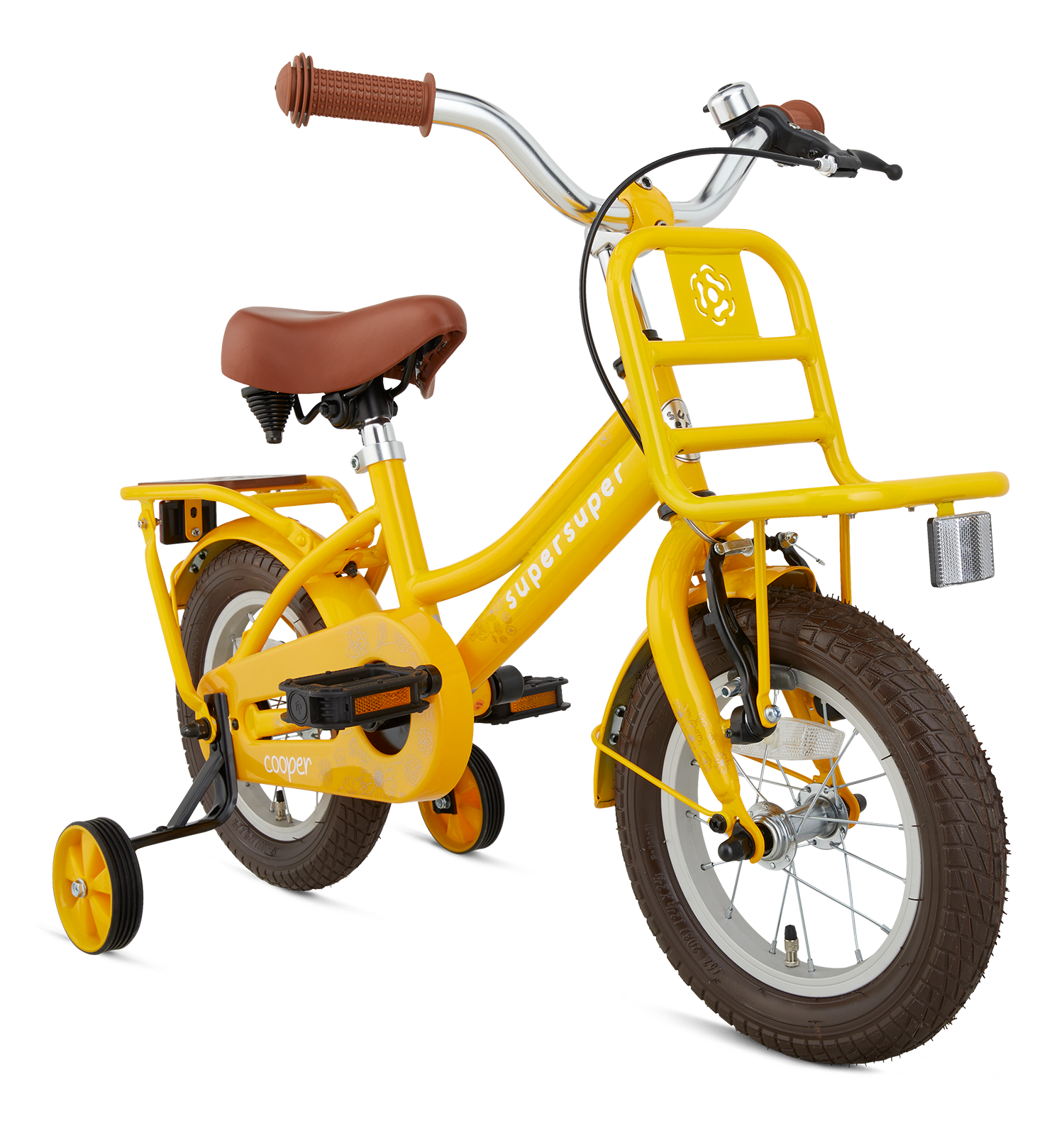 SuperSuper Cooper Bamboo 12 Kinderfiets Geel – Inclusief Zijwieltjes, Robuuste Kinderfiets met Aluminium Frame en Veiligheidshandvatten - AE-trading